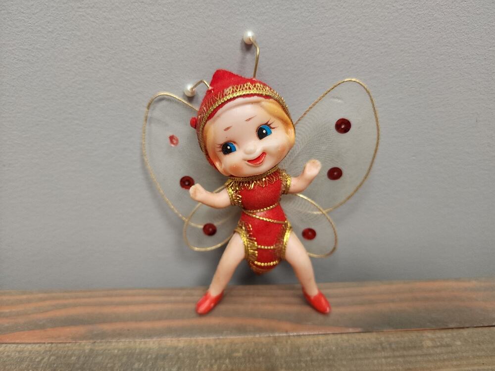 Anthropomorphic Flocked Red Pixie Tulle Wing Butterfly Bug Christmas Ornament